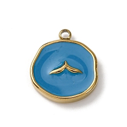 Озёрно--синий 304 нержавеющей стальной эмали подвески, плоские круглые подвески с рыбьим хвостом, золотые, ионное покрытие (ip), Плут синий, 18x15x3 мм, отверстие : 1.8 мм