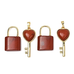 Red Jasper Natural Red Jasper Beaded Pendants, Lock and Key Charms, with Golden Brass Findings, 31.5~32.5x20~20.5x7.5mm, Hole: 11x12mm