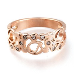 Rose Gold 304 Stainless Steel Finger Rings, with Clear Cubic Zirconia, Wide Band Rings, Hollow, Rose Gold, US Size 6~9, Inner Diameter: 16~19mm
