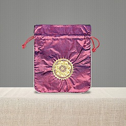 Medium Orchid Chinese Style Brocade Drawstring Gift Blessing Bags, Jewelry Storage Pouches for Wedding Party Candy Packaging, Rectangle with Flower Pattern, Medium Orchid, 18x15cm