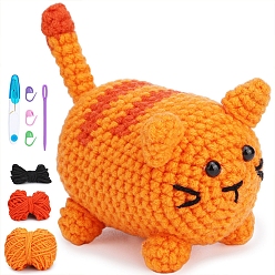 Dark Orange DIY Crochet Kits, including Yarns and Filling Cottons, 1Pc Crochet Needle, 1Pc Eye Needle, 3Pcs Stitch Marker and 2Pcs Eye Cabochon, Dark Orange, Package Size: 235x185x85mm