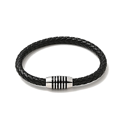 Black Leather Braided Cord Bracelet with 304 Stainless Steel Magnetic Column Clasps for Men Women, Black, 8-5/8 inch(22cm)