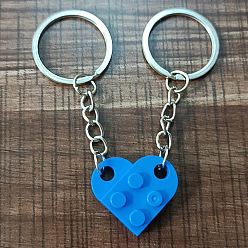 Dodger Blue Love Heart Building Blocks Keychain, Separable Jewelry Gifts Couples Friendship Keychain, with Alloy Findings, Dodger Blue, Pendant: 2.5x2.7x8cm, Ring: 3cm