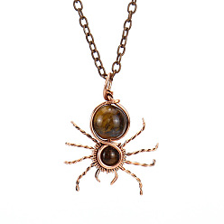 Tiger Eye Natural Tiger Eye Spider Pendant Necklaces, with Red Copper Brass Chains, 20.87 inch(53cm)