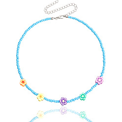 Blue Bohemian 3mm Colorful Beaded Soft Clay Flower Necklace for Women - Handmade Fashion Jewelry
