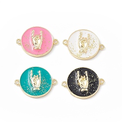 Mixed Color Rack Plating Brass Enamel Connector Charms, Flat Round Links with Gesture Pattern, Long-Lasting Plated, Lead Free & Cadmium Free, Real 18K Gold Plated, with Glitter Powder, Mixed Color, 17x22x4mm, Hole: 1.6mm