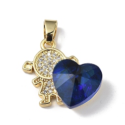 Marine Blue Real 18K Gold Plated Rack Plating Brass Micro Pave Clear Cubic Zirconia Pendants, with Glass, Long-Lasting Plated, Cadmium Free & Lead Free, Girl with Heart Charm, Marine Blue, 20.8x17x8mm, Hole: 6x3mm