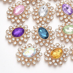 Mixed Color Light Gold Plated Alloy Cabochons, with Resin Rhinestone and Crystal Glass Rhinestone, Faceted, Oval, Mixed Color, 27.5x24.5x7mm