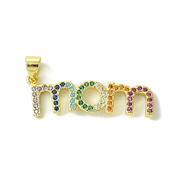 Colorful Mother's Day Real 18K Gold Plated Brass Micro Pave Cubic Zirconia Pendants, Word Mom, Colorful, 11x31x2mm, Hole: 5x3.5mm