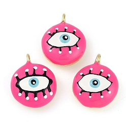 Ярко-Розовый Стойки обшивки латунные подвески, с эмалью, без свинца и без кадмия, реальный 18 k позолоченный, плоский круглый с оберегом от сглаза, ярко-розовый, 19x15x8 мм, отверстие : 1.8 мм
