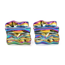 Rainbow Color Ion Plating(IP) 304 Stainless Steel Textured Square Ear Studs for Women, Rainbow Color, 20x21mm