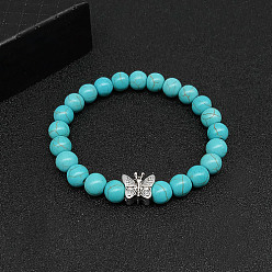 Papillon Bracelets extensibles turquoise synthétique pour femmes et hommes, avec des perles en alliage d'animaux de style tibétain, papillon, pas de taille