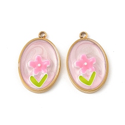 Pink 304 нержавеющей стальной эмали подвески, овал с цветочными подвесками, ионное покрытие (ip), реальный 18 k позолоченный, розовые, 18.5x12x2.5 мм, отверстие : 1.4 мм