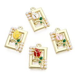 Mixed Color Rack Plating Alloy Enamel Pendants, with ABS Imitation Pearls Beads, Cadmium Free & Lead Free, Rectangle with Rose, Golden, Mixed Color, 18.5x12.5x4mm, Hole: 1.2mm