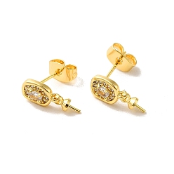 Real 18K Gold Plated Brass Micro Pave Cubic Zirconia Studs Earrings Findings, Rectangle, for Half Drilled Beads, Real 18K Gold Plated, 13x6mm, Pin: 11x0.8mm and 0.5mm