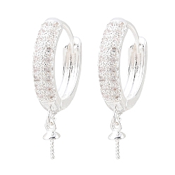 Silver Brass Micro Pave Clear Cubic Zirconia Huggie Hoop Earring Findings, for Half Drilled Beads, Rack Plating, Long-lasting Plated, Silver, 22x15.5x3.5mm, Pin: 0.8mm