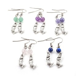 Mixed Stone Natural Mixed Stone Dangle Earrings, with Alloy and 304 Stainless Steel Earring Hooks, Mermaid, Antique Silver & Stainless Steel Color, 50.5mm, Pin: 0.7mm