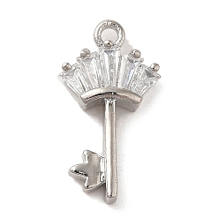 Platinum Brass Cubic Zirconia Pendents, Long-Lasting Plated, Key with Crown, Platinum, 16.5x8.5x3mm, Hole: 1.2mm