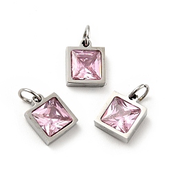 Pearl Pink 304 Stainless Steel Pendants, with Cubic Zirconia and Jump Rings, Single Stone Charms, Square, Stainless Steel Color, Pearl Pink, 9.5x8x3.5mm, Hole: 3.4mm
