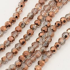 Copper Plated Electroplate Glass Beads Strands, Half Plated, Faceted(32 Facets), Round, Copper Plated, 4mm, Hole: 1mm, about 88~90pcs/strand, 28~30cm