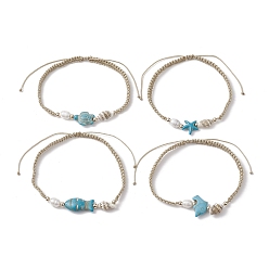 Old Lace 4Pcs 4 Style Synthetic Turquoise Braided Bead Anklets Set, Fish & Starfish & Turtle, Old Lace, Inner Diameter: 2-1/2~4-1/2 inch(6.4~11.5cm), 1Pc/style