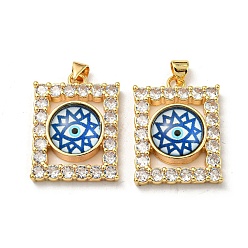 Cornflower Blue Real 18K Gold Plated Brass Pendants, with Glass and Acrylic, Rectangle with Evil Eye Charms, Cornflower Blue, 27x20x7mm, Hole: 4.5x4mm
