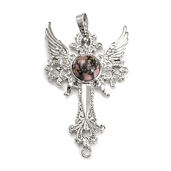 Rhodonite Natural Rhodonite Big Pendants, Cross with Wing Charms, with Platinum Plated Brass Findings, 52.5x32x7~7.5mm, Hole: 4x8mm & 2mm