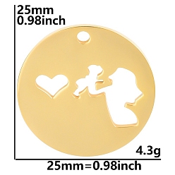 Golden Mother's Day Stainless Steel Pendants, Flat Round with Mother & Baby Charm, Golden, 25mm
