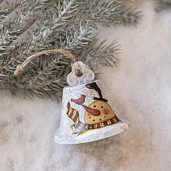 White Iron Bell with Snowman Pattern Pendant Decorations, for Christmas Tree Hanging Ornaments, White, 80x75mm