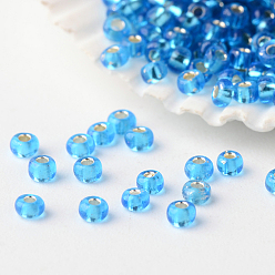 Deep Sky Blue 6/0 Grade A Round Glass Seed Beads, Silver Lined, Deep Sky Blue, 4x3mm, Hole: 1mm, about 4800pcs/pound