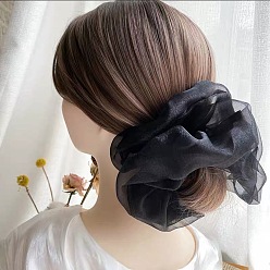 Pearl Shimmer Extra Large Hair Scrunchie - Black Chic Oversized Organza Hair Scrunchie for Girls, Sweet and Elegant French Style Headband with Fairy Mesh Bow Tie
