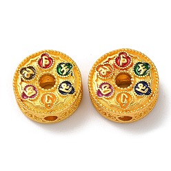Colorful Rack Plating Alloy Enamel Beads, Cadmium Free & Lead Free, Flat Round, Matte Gold Color, Colorful, 13x6mm, Hole: 2.5mm