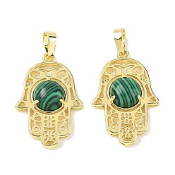 Малахит Синтетического малахита подвески, латунные полые хамса ручные амулеты, стойки покрытие, без кадмия и без свинца, золотые, 33x22x6.5 мм, отверстие : 7.5x5 мм
