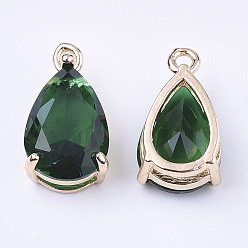 Sea Green Transparent Glass Charms, with Brass Findings, Faceted, Teardrop, Light Gold, Sea Green, 15x8x6mm, Hole: 1.2mm