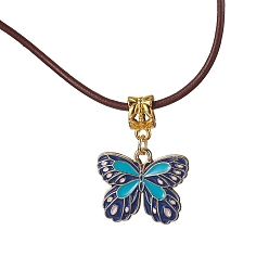 Prussian Blue Alloy Enamel Butterfly Pendant Necklaces, with Cowhide Leather Cord, Prussian Blue, 19.61~19.80 inch(49.8~50.3cm)