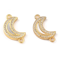 Real 18K Gold Plated Rack Plating Brass Micro Pave Clear Cubic Zirconia Connector Charms, Moon Links with Freshwater Shell, Long-Lasting Plated, Lead Free & Cadmium Free, Real 18K Gold Plated, 21.5x12x3mm, Hole: 1.8mm