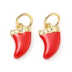 Red Brass Enamel Charms, with Jump Rings, Cadmium Free & Lead Free, Real 18K Gold Plated, Scabbard/Tusk Shape, Red, 14.5mm, Hole: 3.3mm