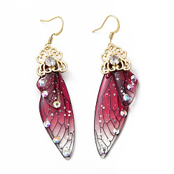 Cerise Resin Butterfly Wing Dangle Earrings with Clear Cubic Zirconia, Real 18K Gold Plated Brass Jewelry for Women, Cadmium Free & Lead Free, Cerise, 70mm, Pin: 0.7mm