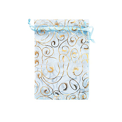 Light Cyan Rectangle Printed Organza Drawstring Bags, Gold Stamping Eyelash Pattern, Light Cyan, 9x7cm