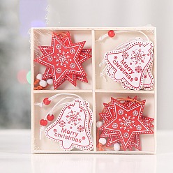 Mixed Color Christmas Wooden Box Set Pendant Decoration, for Christmas Tree Hanging Ornaments, Snowflake & Bell, Mixed Color, 60mm, 12pcs/set