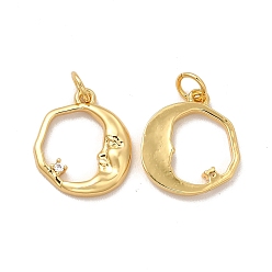 Real 18K Gold Plated Rack Plating Eco-Friendly Brass Micro Pave Cubic Zirconia Charms, with Jump Ring, Long-Lasting Plated, Lead Free & Cadmium Free, Moon with Face Charm, Real 18K Gold Plated, 13x11x2mm, Hole: 2.5mm
