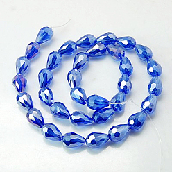 Blue Electroplate Glass Beads Strands, AB Color Plated, Faceted Teardrop, Deep Sky Blue, 7x5mm, about 65~67pcs/strand, 18~18.5 inch(45.5~46.9cm)