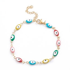 Golden 304 Stainless Steel Link Bracelets, with Enamel and Lobster Claw Clasps, Evil Eye, Colorful, Golden, 8-1/8 inch(20.5cm)