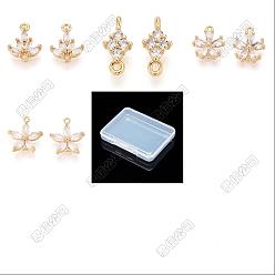 Mixed Shapes 16 pcs 4 styles en laiton pavé de breloques de connecteur en zircone cubique transparente, réel 18 k plaqué or, formes mixtes, 12~15.3x5.6~14x3~4.8mm, Trou: 1~1.2mm, 4 pcs / style