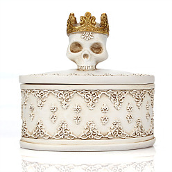 Floral White Halloween Skull Resin Jewelry Storage Boxes, Round Case for Earrings, Rings, Bracelets, Tabletop Decoration, Floral White, 5.5x8x7.5cm