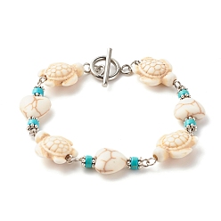 WhiteSmoke Heart & Tortoise Synthetic Turquoise(Dyed) Beaded Bracelet, Lucky Bracelet for Women, Platinum, WhiteSmoke, 7-5/8 inch(19.5cm)