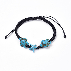 Black Nylon Thread Braided Bracelets, with Dyed Synthetic Turquoise(Dyed) Beads, Sea Turtle and Starfish/Sea Stars, Black, 2-1/8 inch~2-3/8 inch(5.5~5.9cm)