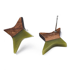 Dark Olive Green Resin & Walnut Wood Stud Earrings, with 304 Stainless Steel Pin, Star, Dark Olive Green, 21x17~18mm, Pin: 0.7mm