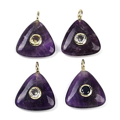 Аметист Подвески из натурального аметиста , треугольные подвески с латунной микропаве с кубическими цирконами разных цветов, золотые, 26x21x6.5 мм, отверстие : 3x2 мм