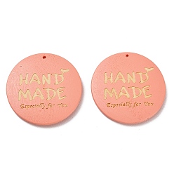 Легкий Лосось Древесины подвески, плоские круглые подвески с надписью «ручная работа», светлый померанцевый, 39.5~40.5x5~5.5 мм, отверстие : 1.4 мм